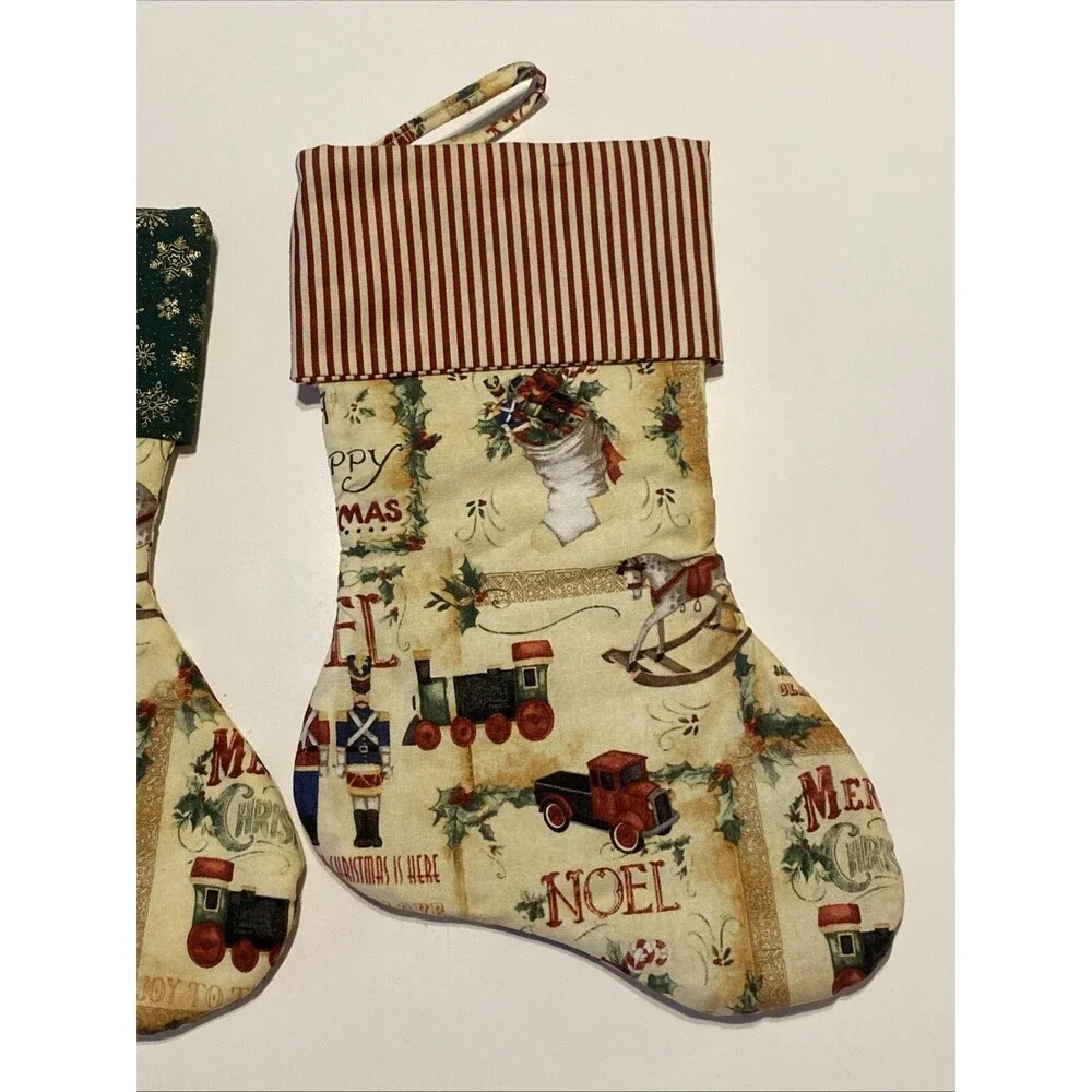 Handmade Christmas Stockings 12” Lot Of 2 Train Soldier Rocking Horse Holly